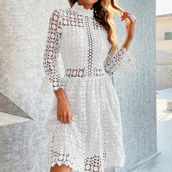 White mock neck Mesh Insert Flounce Sleeve Lace Dress - Picture 3 of 7